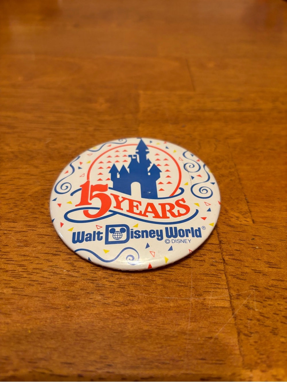 1986 Walt Disney World 15 Years Celebration Pin/Button — White, Blue & Red
